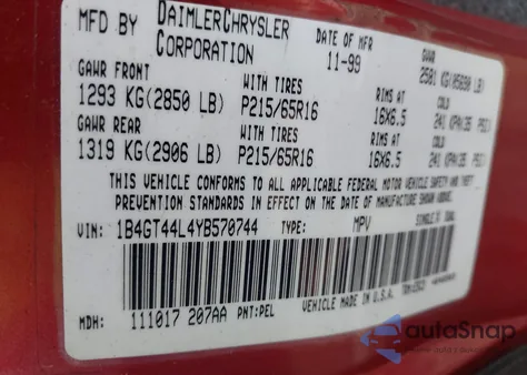 2000 Dodge Grand Caravan Sport из США, поврежденный, VIN 1B4GT44L4YB570744